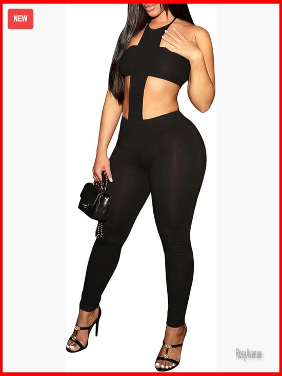 Pants - Sexy 2 Piece Club Outfits Tube Crop Top Halter Cut Out Bodycon Jumpsuit Set
